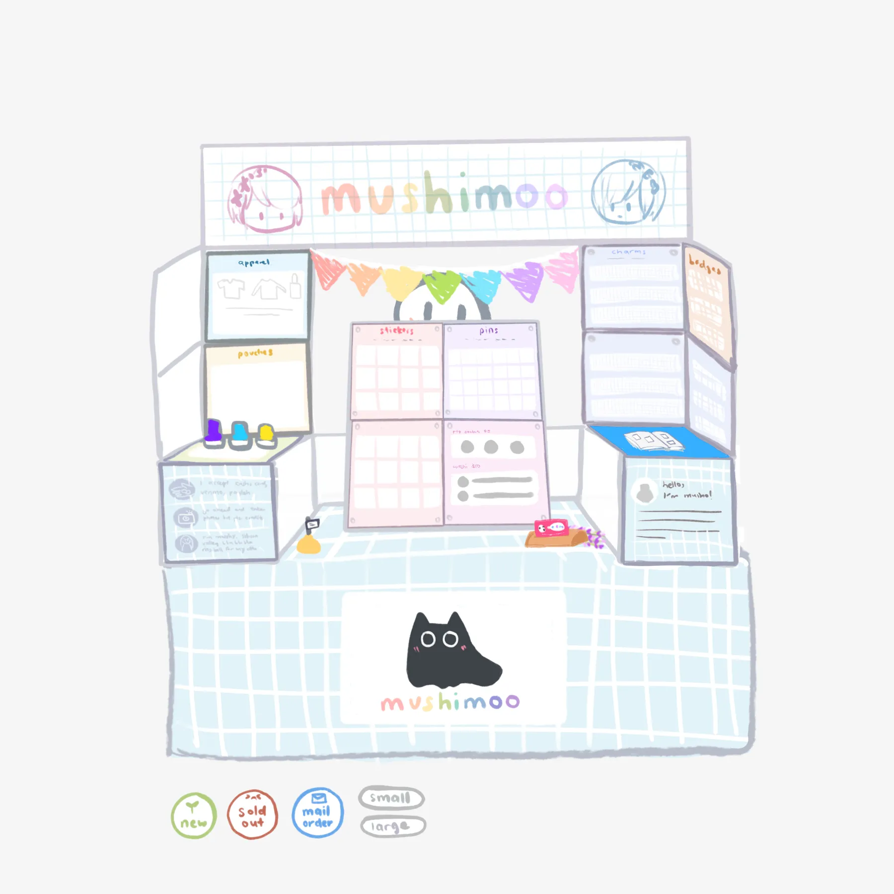 Pastel hand-drawn plan for the Mushimoo artist-alley booth, with displays for apparel, pouches, stickers, pins, charms and badges around a black cat banner