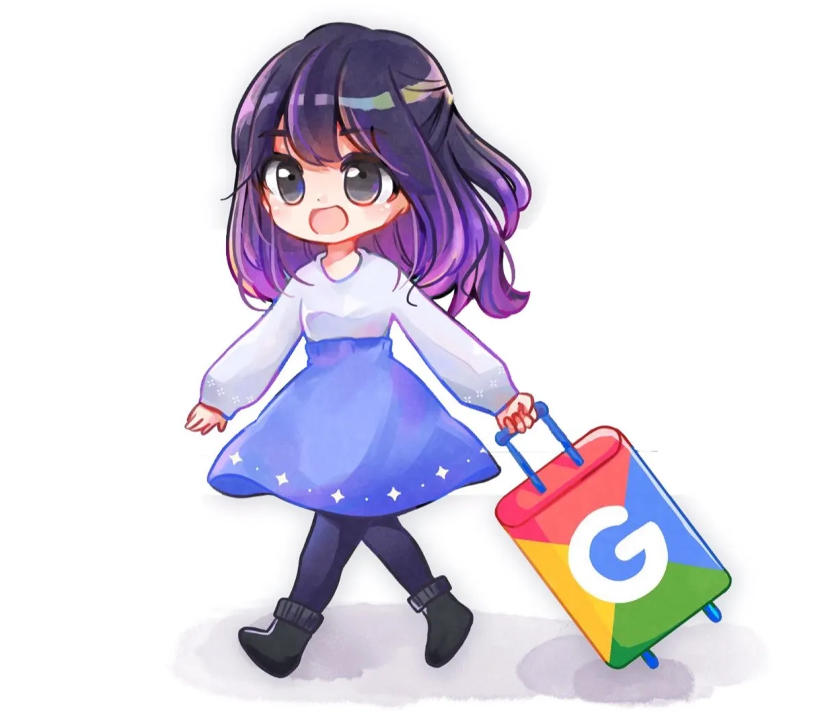 Illustration of a chibi character with purple hair, a white blouse and a starry blue skirt, walking while pulling a suitcase painted in the Google four colours with a white G on it