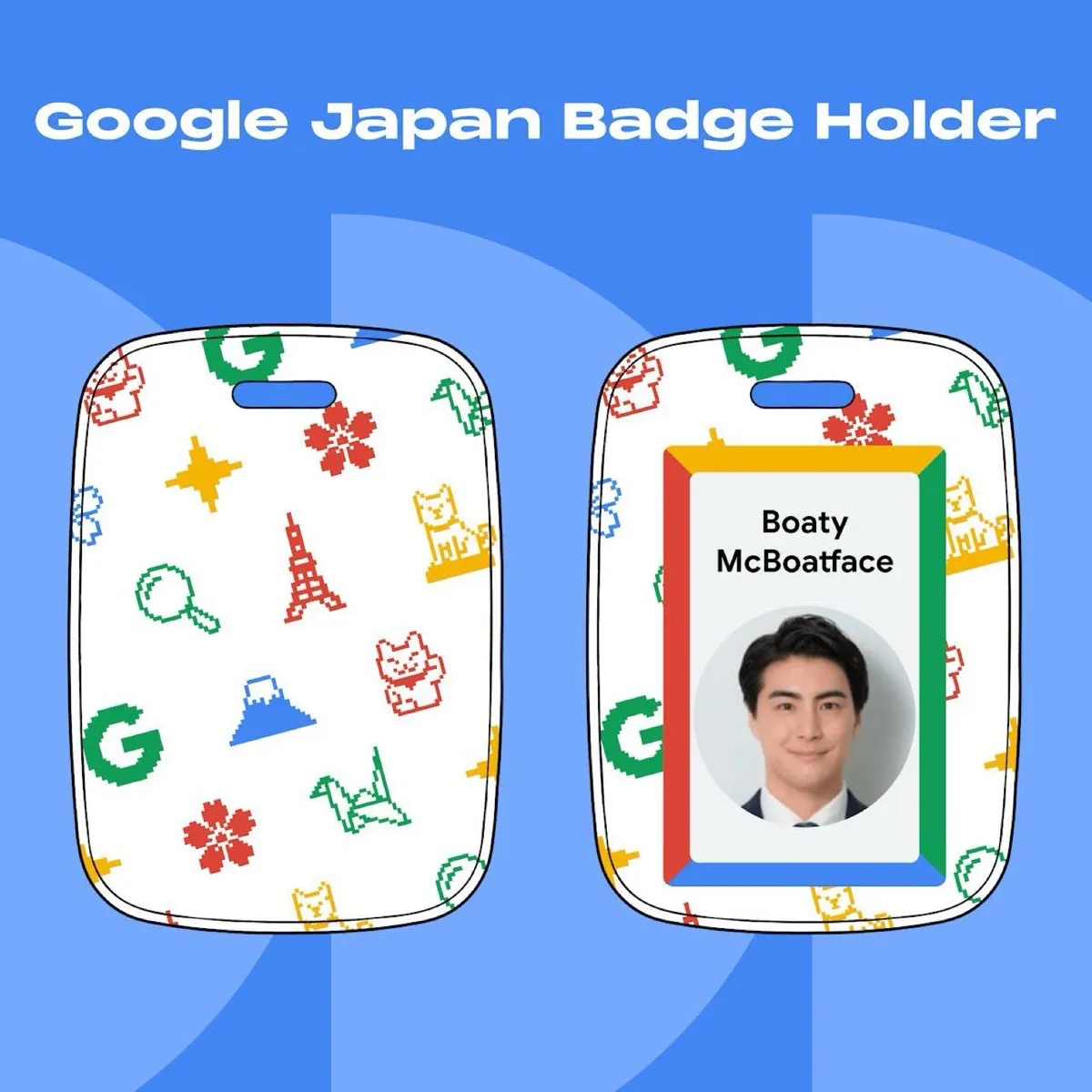 Product mock titled Google Japan Badge Holder: two badge sleeves shown front and back, printed with pixel-art Tokyo Tower, Mount Fuji, sakura, lucky cats, magnifying glasses, green Gs and a small green dinosaur, the back one holding a sample ID card