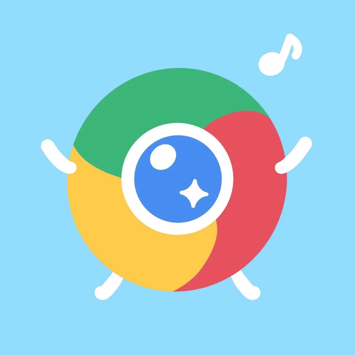 Flat illustration of the Chrome logo given little white arms and legs, dancing beside a music note on a pale blue background