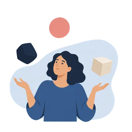 A person juggling three mismatched shapes, looking uncertain