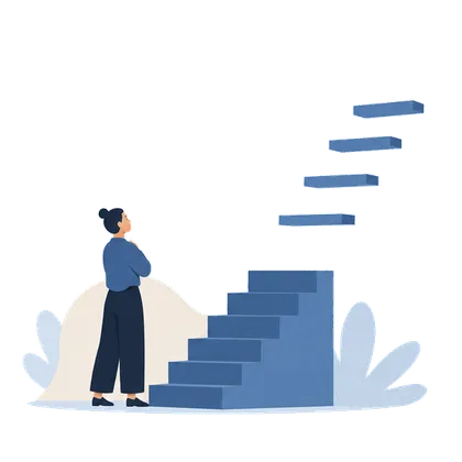 A person at the foot of a staircase whose upper steps float unbuilt in mid-air