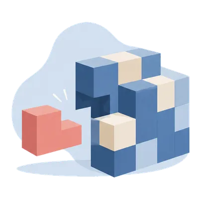 A single odd-coloured block beside a large lattice of interlocking cubes