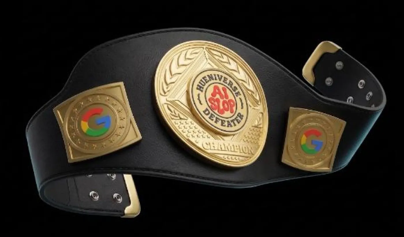 A championship wrestling belt with a gold plate reading 'AI Slop Defeater Champion'