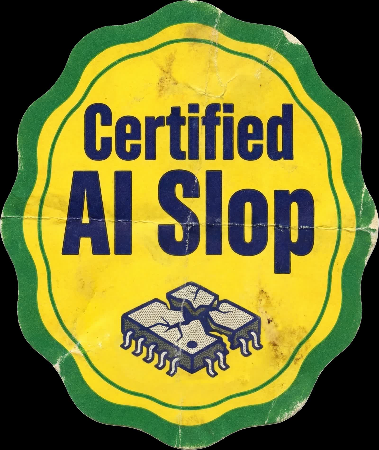 A creased green and yellow badge sticker reading Certified AI Slop, with a cracked computer chip illustration.