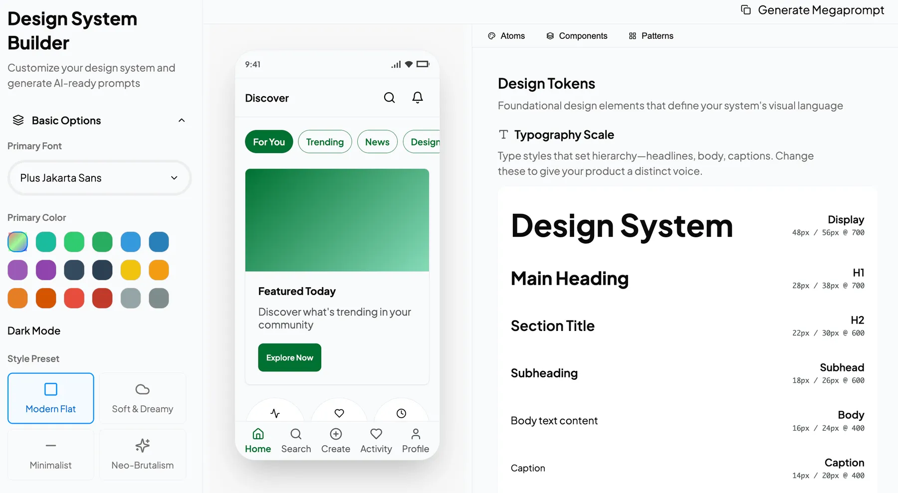 Design System Builder showing font, color, and style controls beside a mobile preview and generated typography tokens.