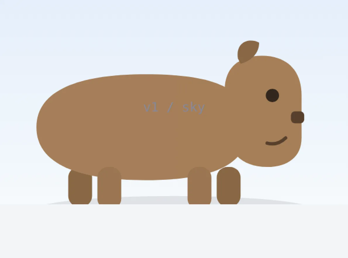 The first capybara design: a flat vector capybara in brown, side-on with four rounded legs and a small ear, on a pale blue background labelled "v1 / sky".