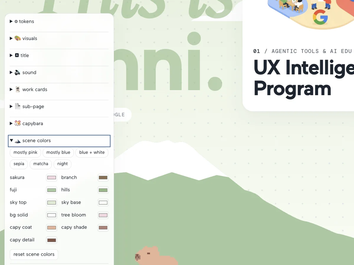 The site's own control panel, open on its scene-colours section with the matcha preset selected and swatches for sakura, hills, sky and the capybara, over a live green version of the homepage scene.