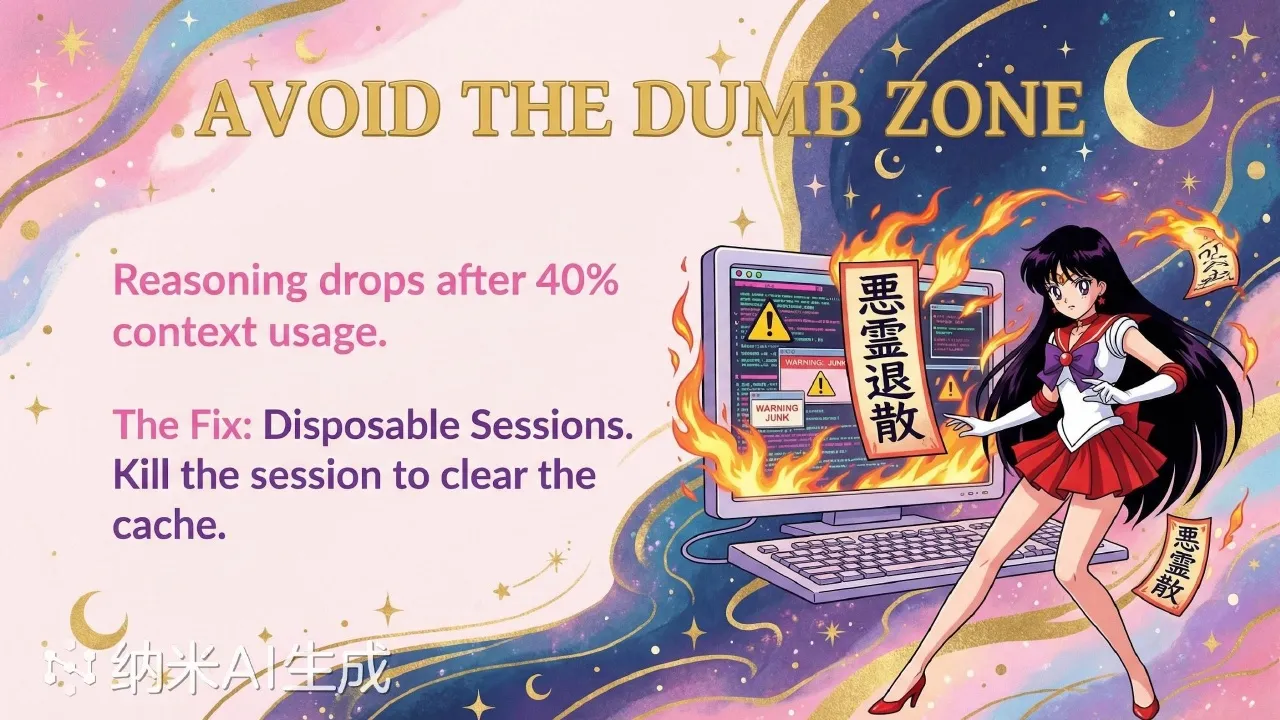 Sailor Moon-style slide titled Avoid the Dumb Zone about restarting sessions after 40 percent context usage.
