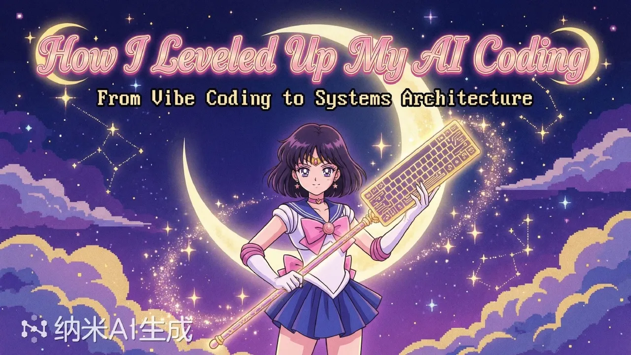 Sailor Moon-style cover slide titled How I Leveled Up My AI Coding, made with n.cn.