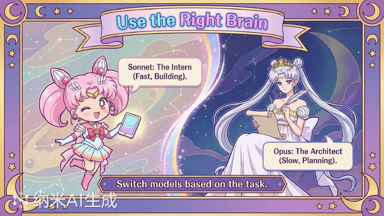 Sailor Moon-style slide titled Use the Right Brain about switching AI models based on the task.