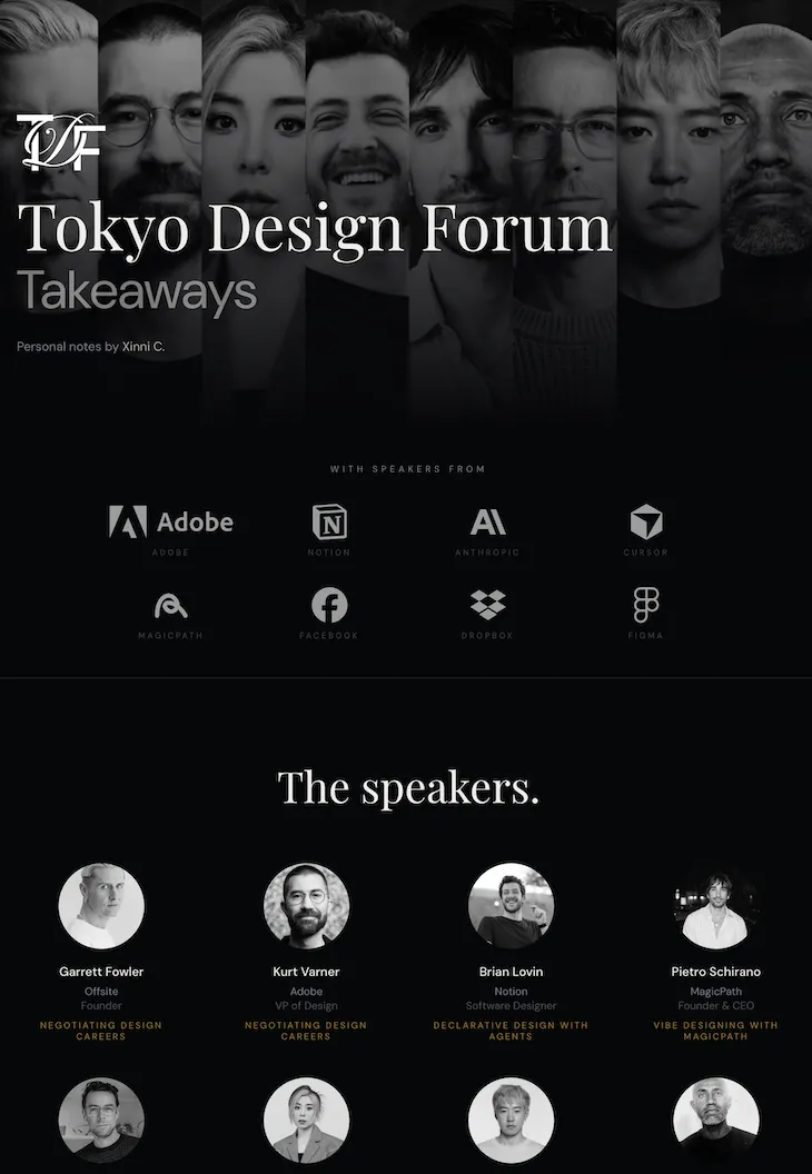 Tokyo Design Forum Takeaways page showing a black-and-white speaker collage, event takeaways, and the speaker lineup.
