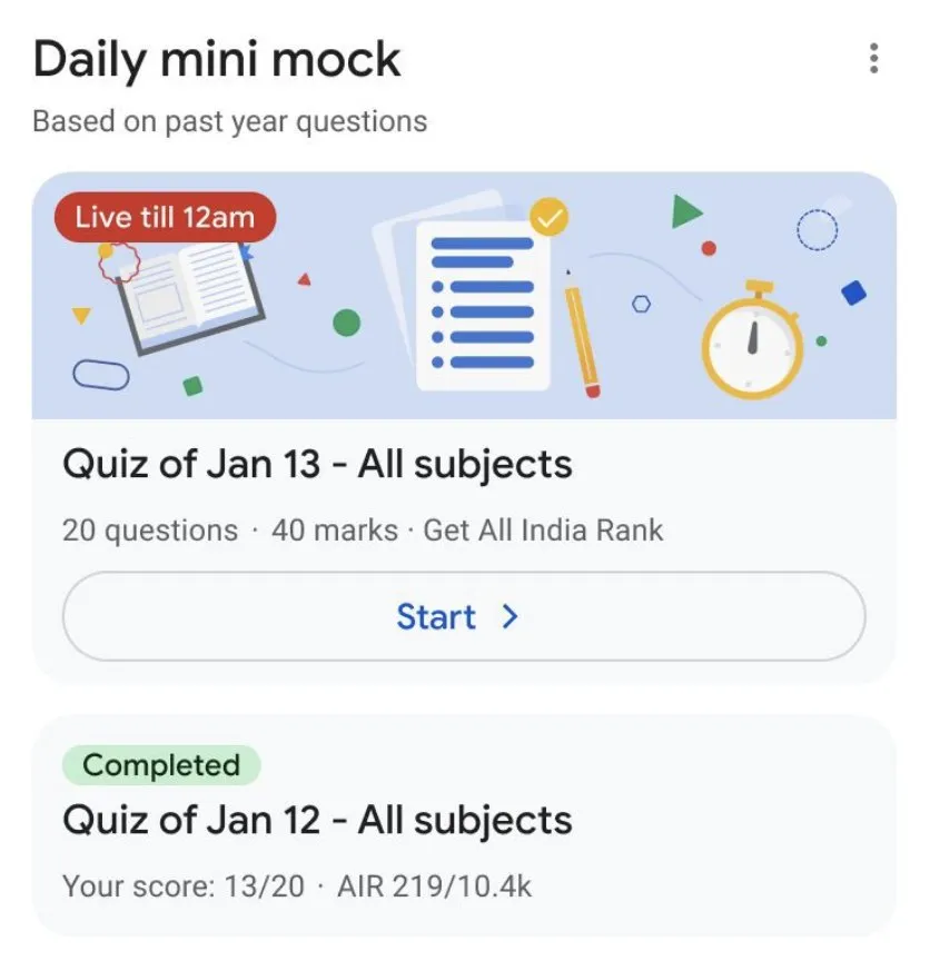 A Daily mini mock education module with a Live till 12am badge on the hero and a Completed badge on the finished quiz