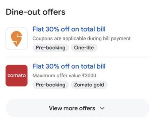 A Dine-out offers module in India: two restaurant offers, each tagged with badges like Pre-booking and Zomato gold