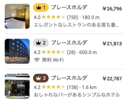 Japanese hotel search results, each listing carrying ranked attribute badges