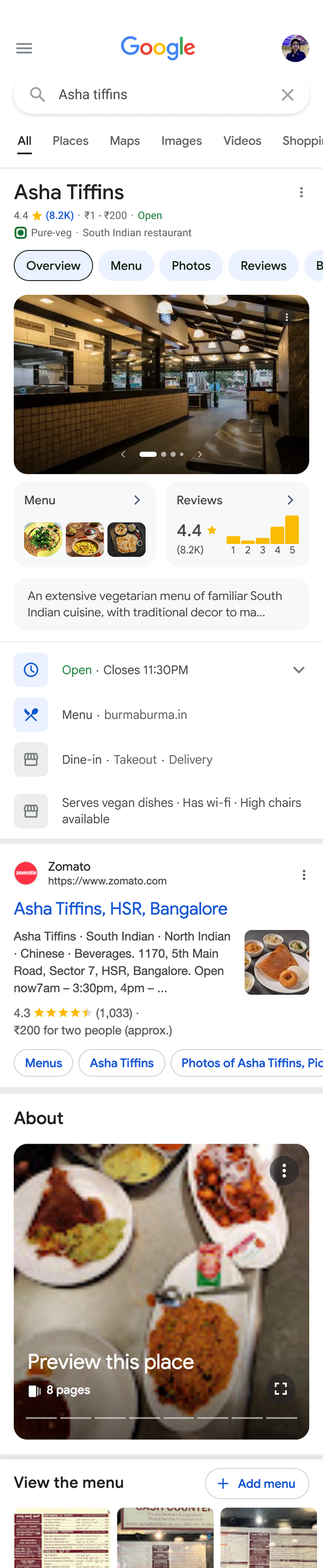 The Google listing a scan lands on: photos, menu, popular times and reviews for a Bangalore restaurant