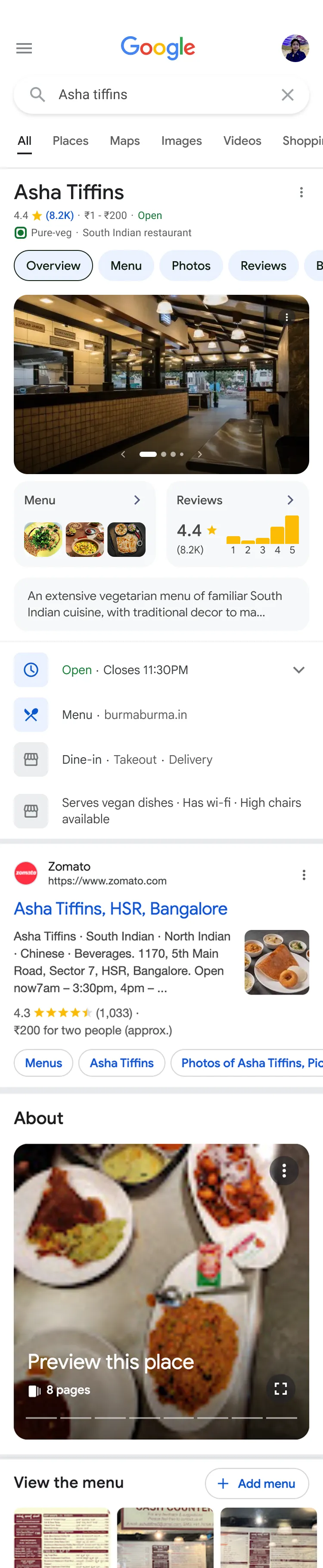 The Google listing a scan lands on: photos, menu, popular times and reviews for a Bangalore restaurant