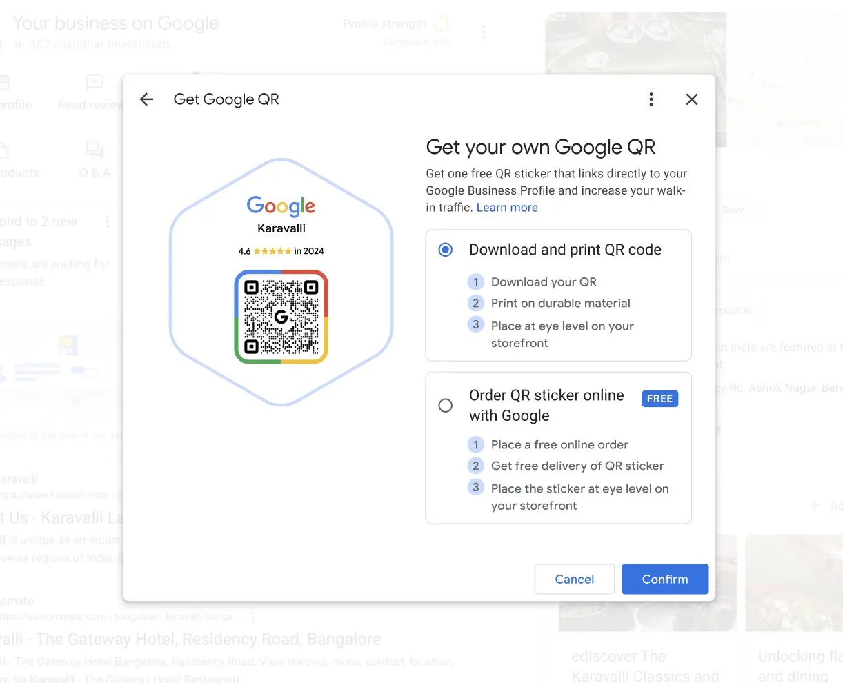 A Get your own Google QR dialog over a Business Profile dashboard: a hexagonal QR sticker preview for a restaurant beside two self-serve options, download-and-print or order a free sticker, each with three numbered steps