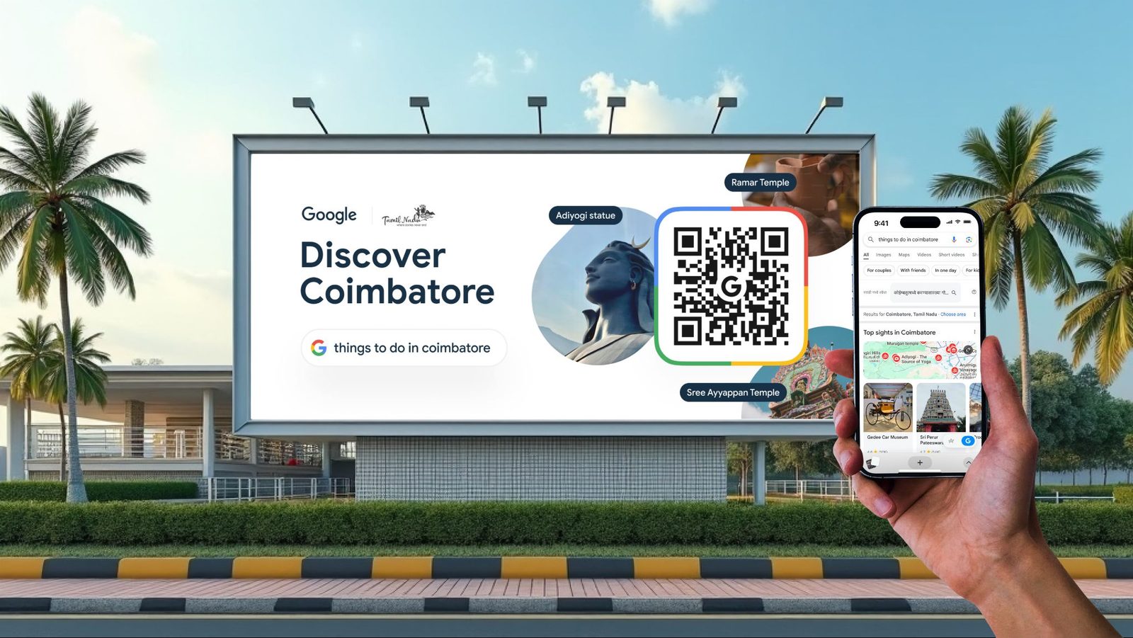 Discover Coimbatore QR billboard mounted above a busy street