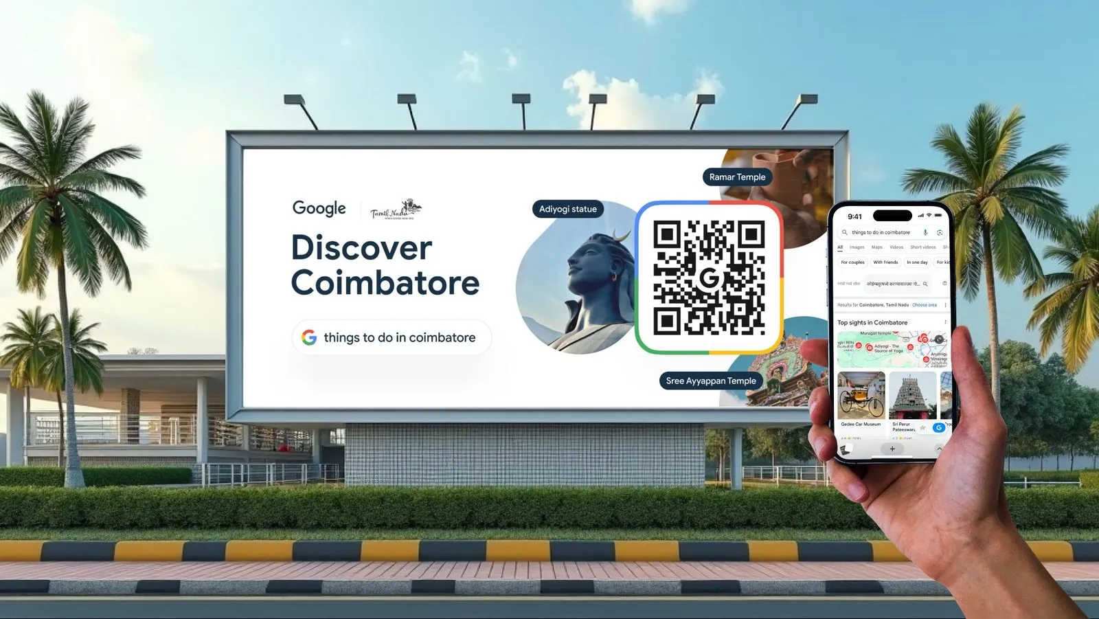 Discover Coimbatore QR billboard mounted above a busy street