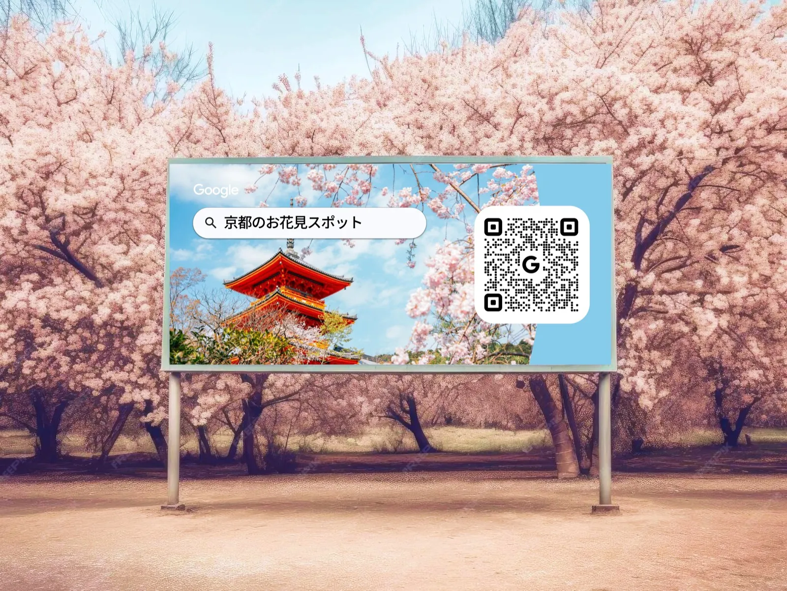 Cherry-blossom billboard in Japan showing a Google search for Kyoto hanami spots beside a scannable QR code