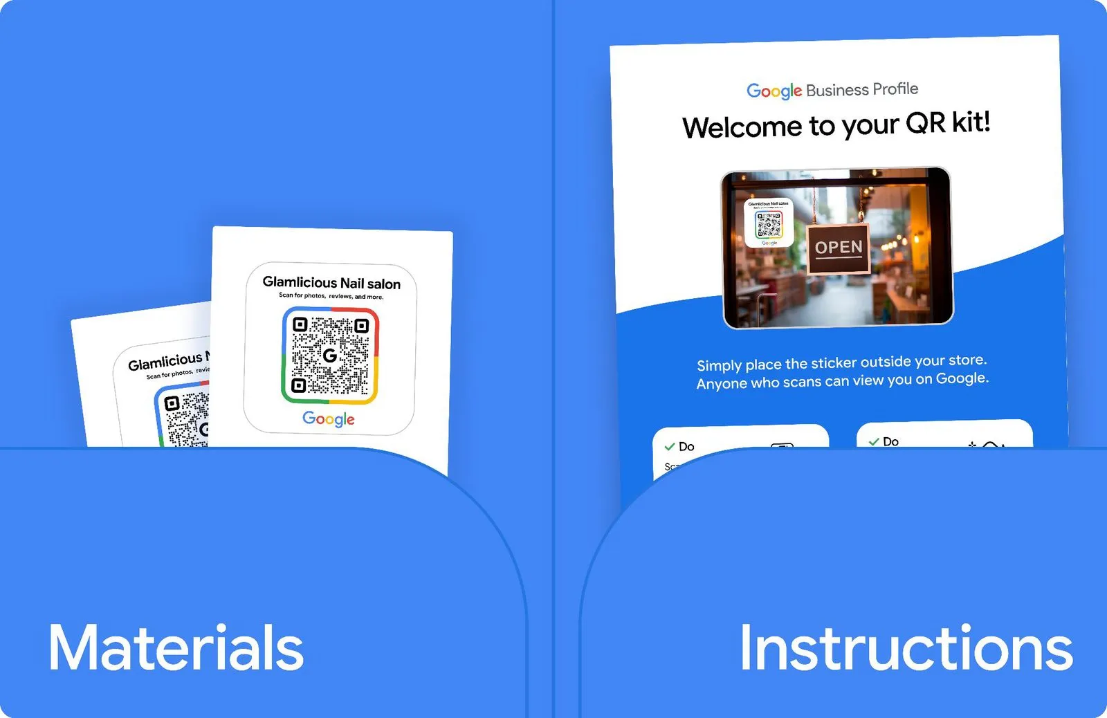 Google Business Profile QR kit folder with printed salon stickers under Materials and a one-page setup guide under Instructions