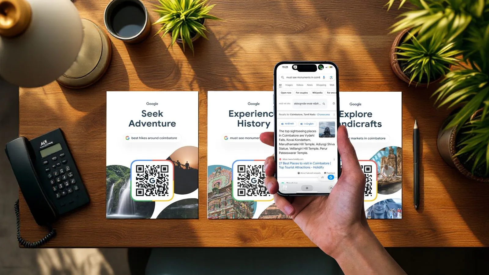 Printed QR banner hanging across a merchant storefront