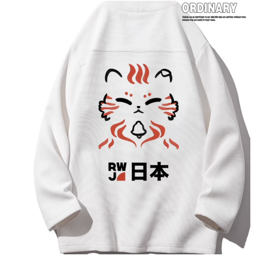 White waffle sweatshirt printed with the team's cat mascot