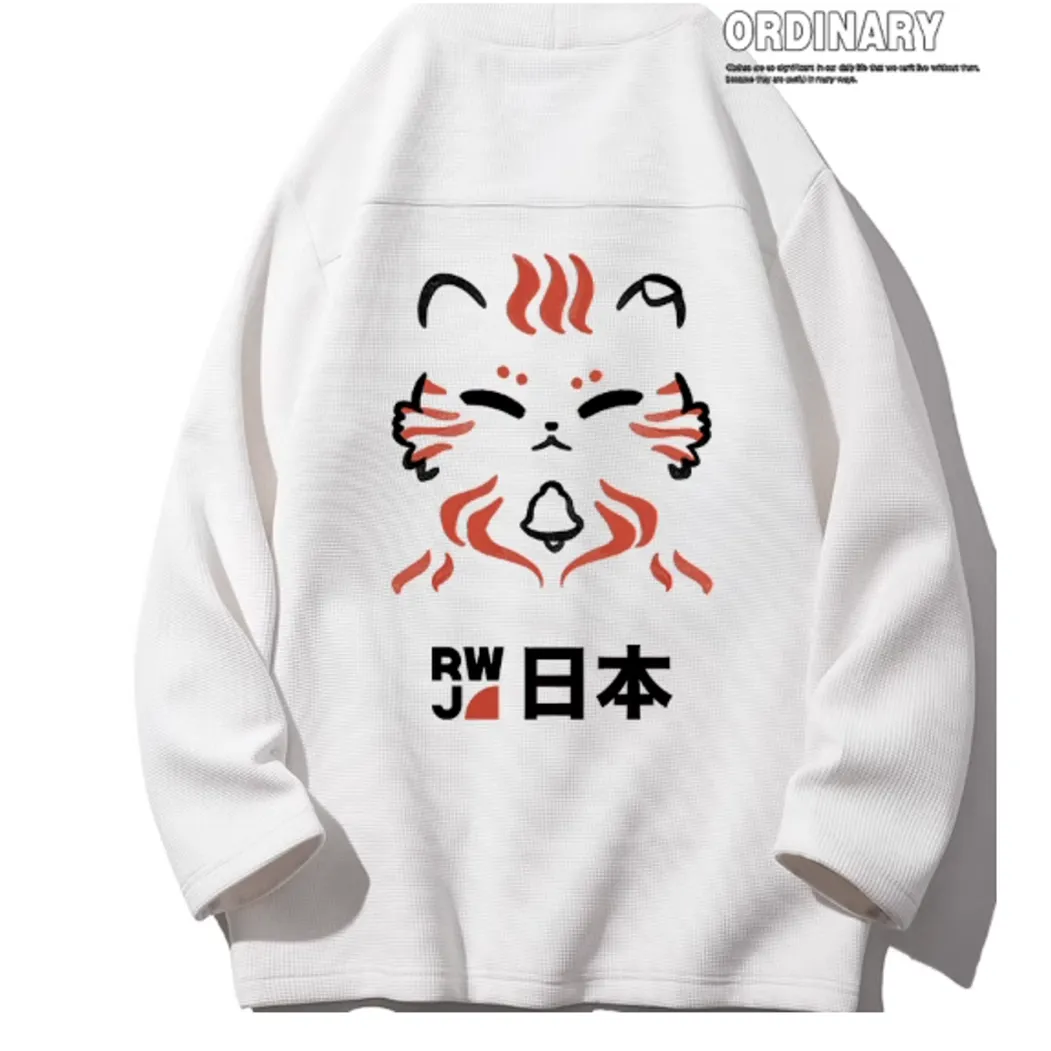 White waffle sweatshirt printed with the team's cat mascot