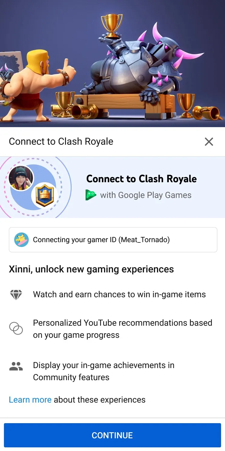 YouTube mobile sheet for connecting a Clash Royale account via Google Play Games, listing in-game items, personalised recommendations, and achievements displayed in Community features