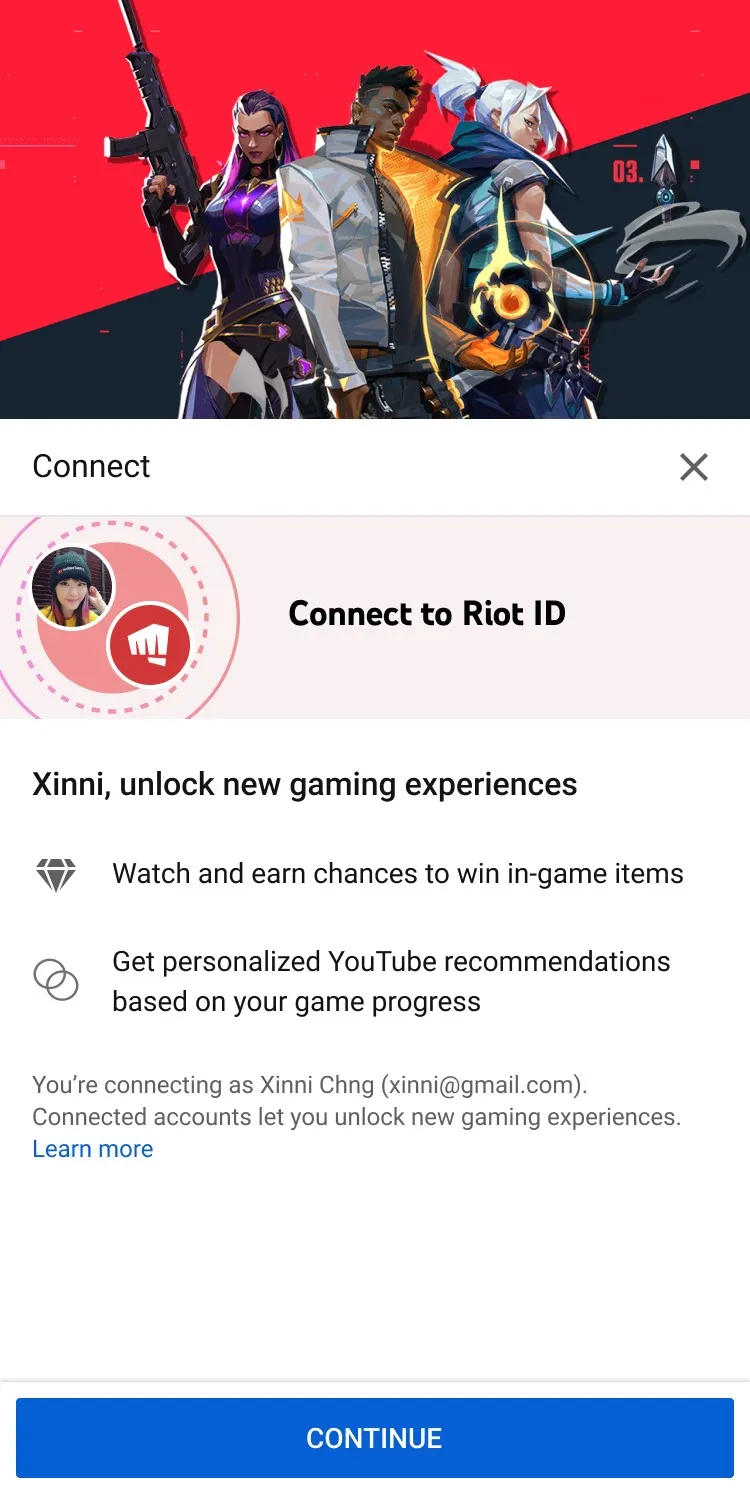 YouTube mobile sheet for connecting a Riot ID, listing watch-and-earn in-game items and recommendations based on game progress