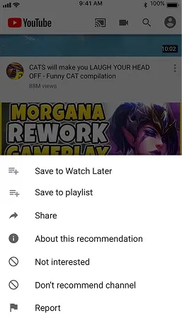 The video overflow menu opened, with an About this recommendation entry alongside Save, Share, and Not interested