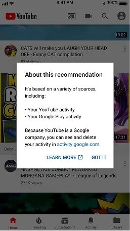 The About this recommendation info dialog, explaining it is based on YouTube and Google Play activity and that because YouTube is a Google company the activity can be viewed and deleted at activity.google.com