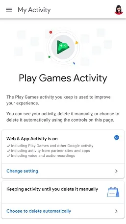 The Play Games Activity control settings, where the signal can be turned off, changed, or set to auto-delete