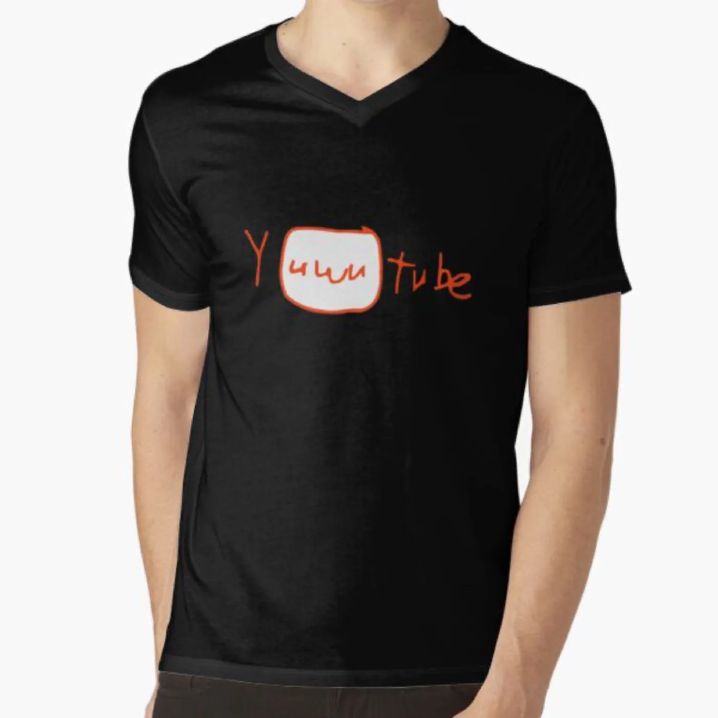 A black v-neck t-shirt printed with a hand-drawn parody of the YouTube logo reading 'YuUUtube'