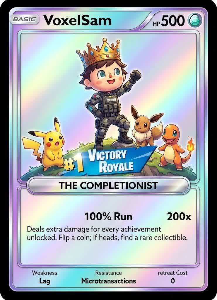 A holographic trading card of a 3D gamer avatar wearing a crown, titled The Completionist