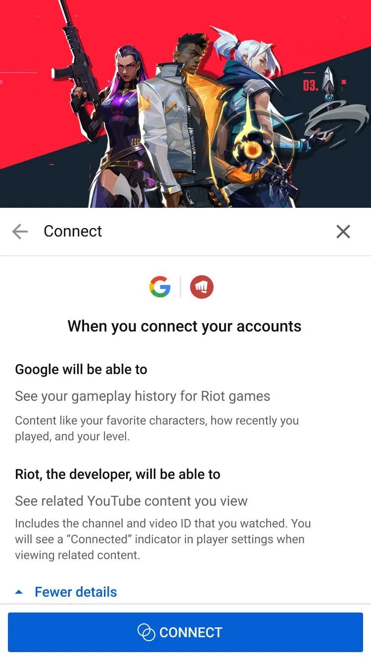 YouTube mobile consent screen for linking a Riot Games account