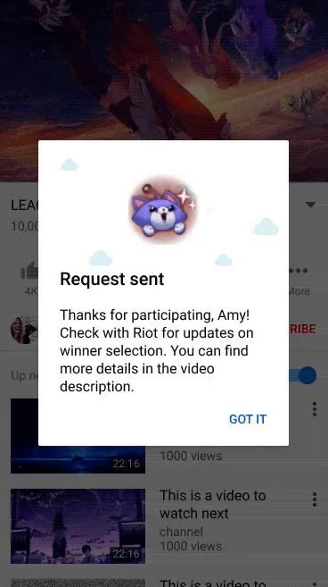 Request sent dialog confirming the Riot account link over a game video