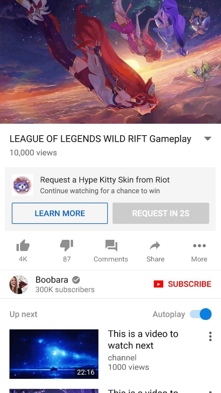 Wild Rift watch page showing an in-game reward offer beneath the video