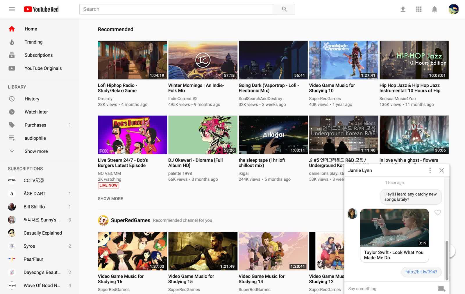 YouTube desktop home page with a Messages chat panel open, sharing a video with a friend