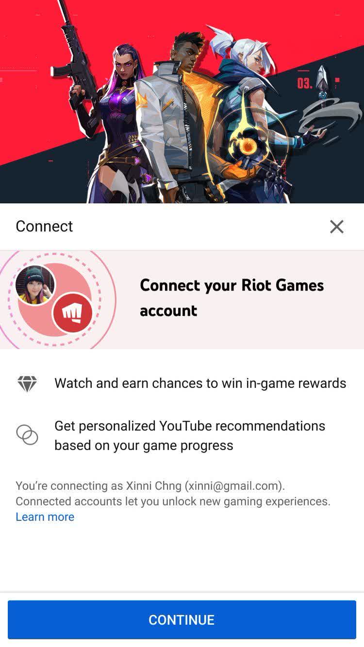 YouTube mobile sheet for connecting a Riot Games account to watch and earn in-game rewards