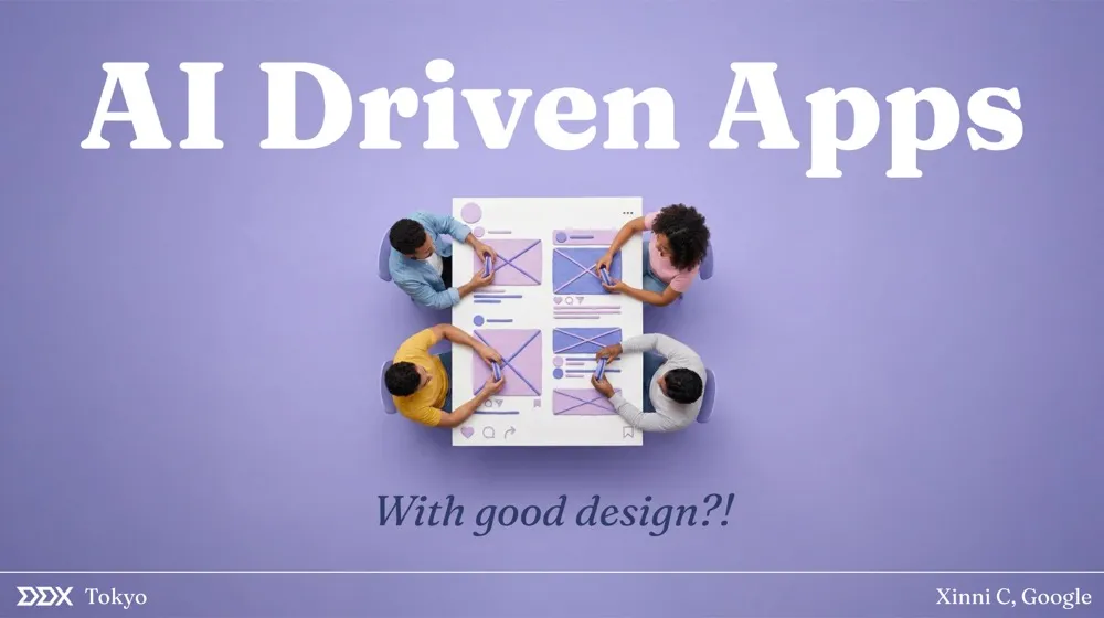 Title slide on a lavender background: AI Driven Apps, With good design?!, over an overhead illustration of four people around a wireframe