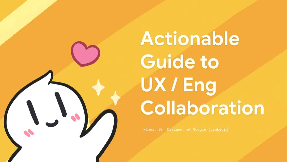 Title slide on golden stripes: Actionable Guide to UX / Eng Collaboration, with a waving cartoon ghost